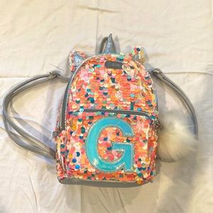 Justice multicolored sparkly pink backpack